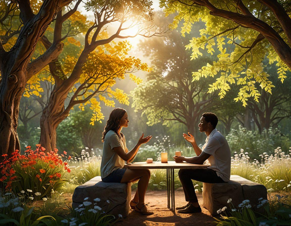A serene scene depicting two people engaged in deep conversation, surrounded by soft, glowing light to symbolize emotional connection. One person is listening intently while the other shares with expressive gestures, showcasing vulnerability. The background should feature warm colors and nature elements like trees or flowers to emphasize growth and understanding. This image should evoke feelings of intimacy and trust. super-realistic. warm colors. 3D.
