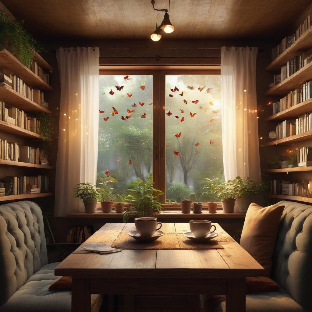 A warm, inviting scene depicting two friends having a heartfelt conversation in a cozy coffee shop, surrounded by books and plant decor. Ethereal lights softly illuminating their faces as they share smiles, with a cup of tea or coffee on the table symbolizing connection. A subtle backdrop of personal growth symbols like butterflies and hearts intermingling in the air. super-realistic. warm tones. cozy ambiance.