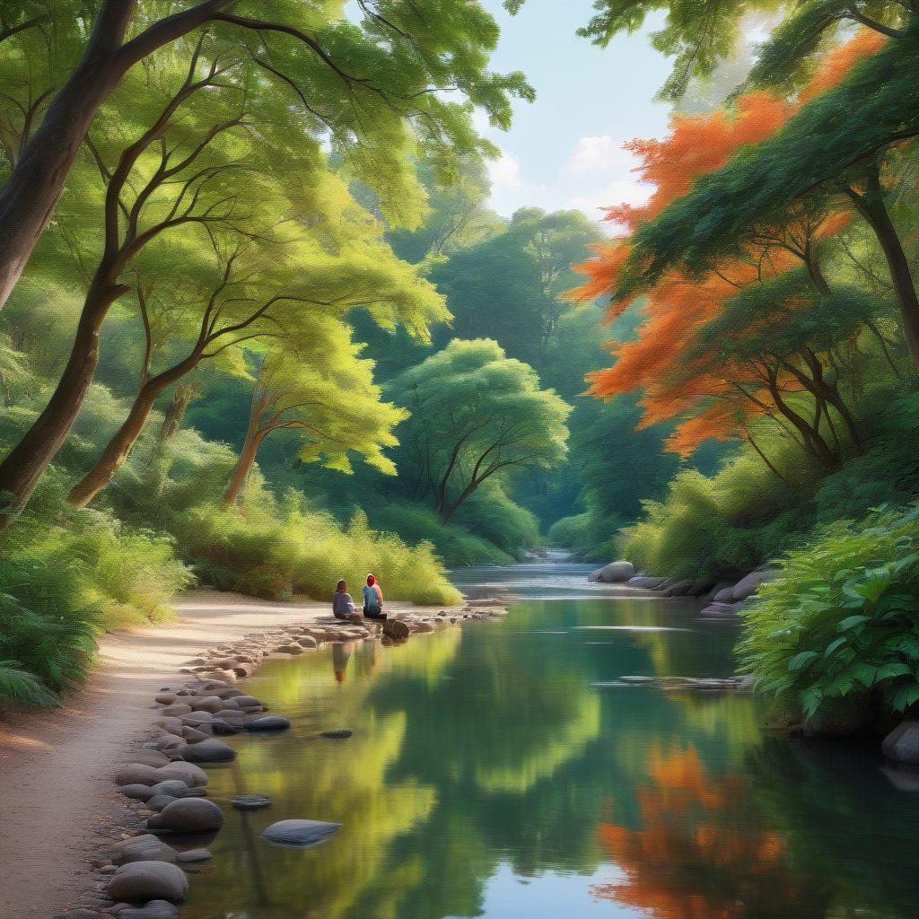 A serene landscape featuring a diverse group of people engaged in meaningful conversations, surrounded by nature with vibrant greenery and a calming river in the background. Emphasize gentle smiles and warm body language to illustrate emotional connections. Include elements like trees with heart-shaped leaves, symbolizing growth in emotional intelligence. The scene should invoke feelings of harmony and well-being. super-realistic. vibrant colors. peaceful atmosphere.
